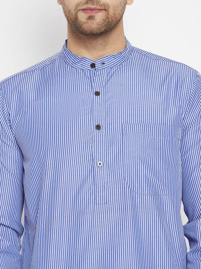 Even Apparels Blue Color Pure Cotton Long Men's Kurta With Band Collar
