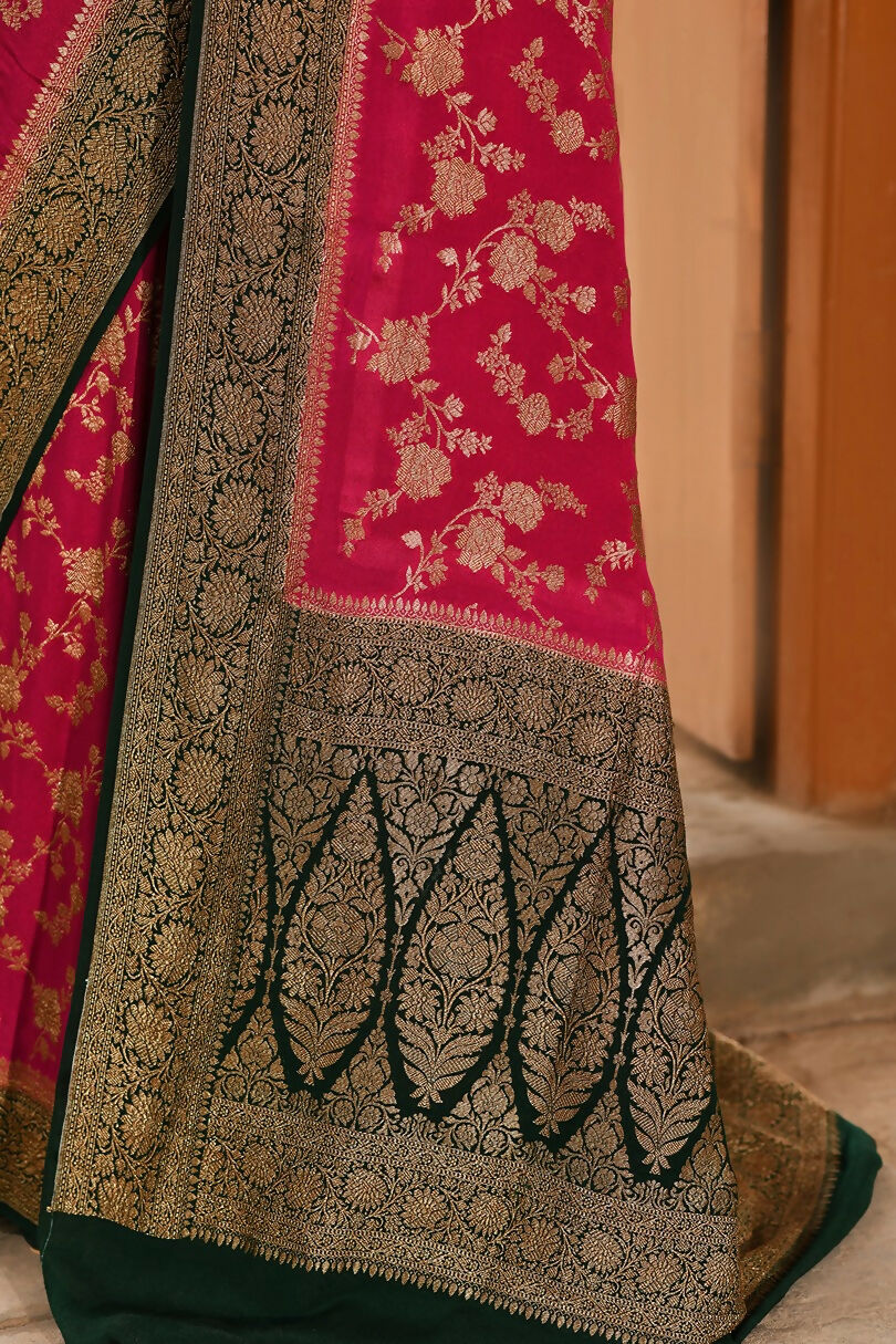Joban Fashion Hot Pink Crepe Chiffon Pure Handloom Banarasi Silk Saree