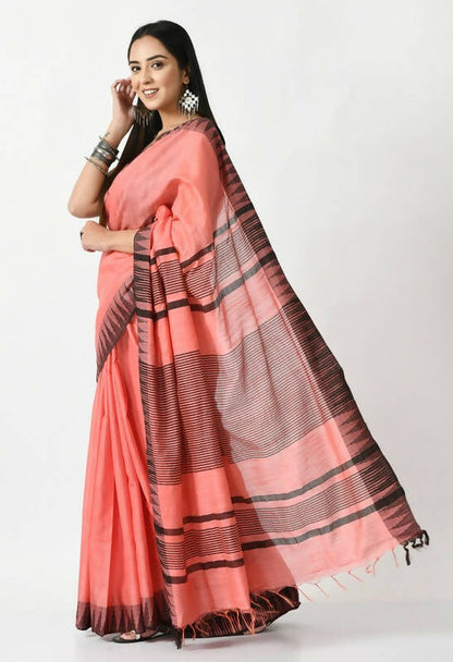 Mominos Fashion Moeza Gajari Pink Bhagalpuri Handloom Silk Black Temple Border Saree with unstitched Blouse piece