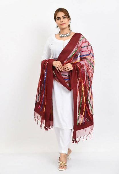 Mominos Fashion Moeza Women's Orgenza Multi Thread Mirror Work Maroon Dupatta