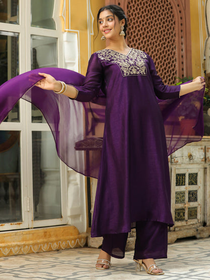 Janasya Purple Silk Blend Yoke Embroidery Kurta,Bottom & Dupatta