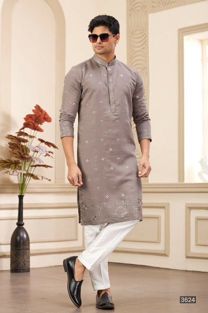Raivat Ethnic Men's Art Silk Thread Work Kurta Pyjama In Brown Colour