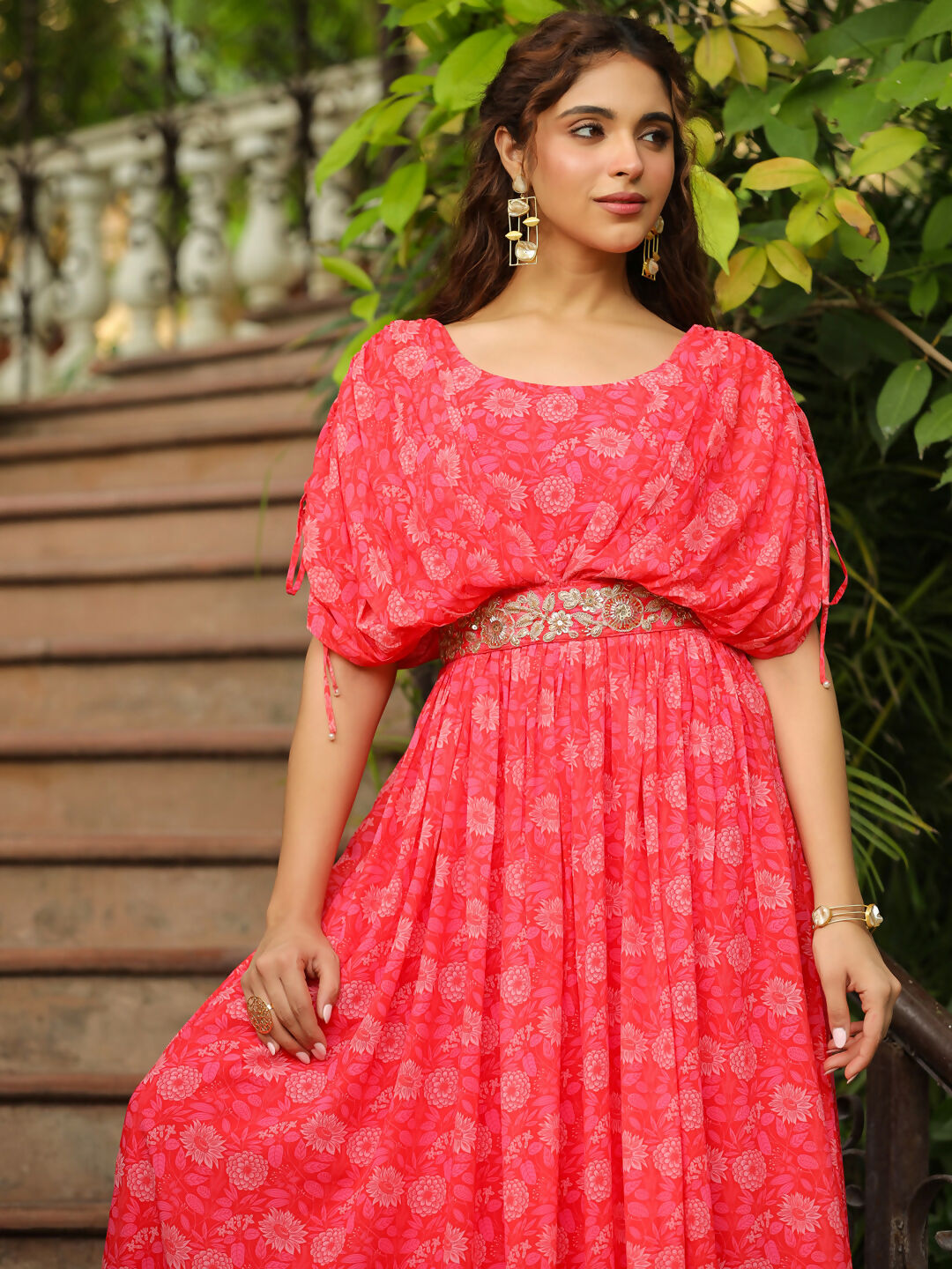 Janasya Pink Georgette Floral Gown