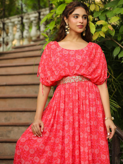 Janasya Pink Georgette Floral Gown