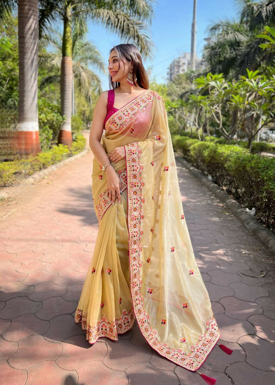 Vastranavya Twill Net Designer Embroidery & Colour Thread & Diamond work Saree with Blouse Material - Yellow