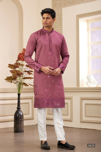 Raivat Ethnic Men's Art Silk Thread Work Kurta Pyjama In Mauve Colour