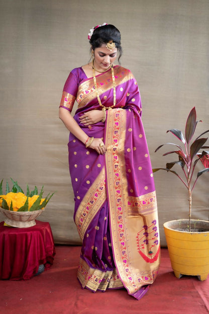 Jyoti Fashion Women's Purple Paithani Silk Zari Woven Saree with Blouse
