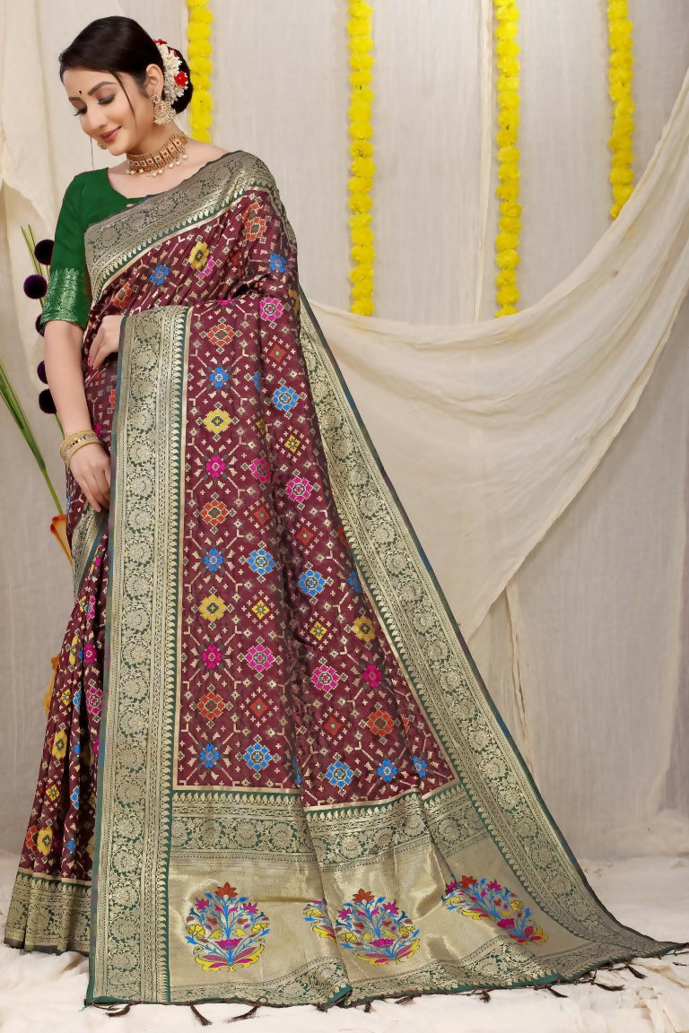 Jyoti Fashion Women's Wine Patola Silk Zari Woven Saree with Blouse