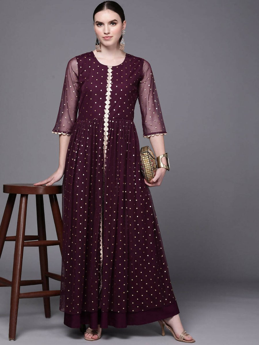 Ahalyaa Women Burgundy Polka Dots Fit & Flare Maxi Ethnic Dress