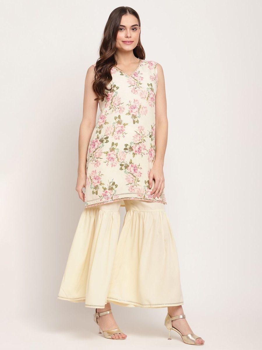 Ahalyaa Women's Beige Crepe Digital Floral Print Kurta Sharara Set with Dupatta