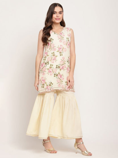 Ahalyaa Women's Beige Crepe Digital Floral Print Kurta Sharara Set with Dupatta