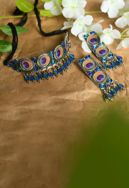 Mominos Fashion Johar Kamal Oxidised Silver-Plated Brass Finish Peacock Wings Choker For Women