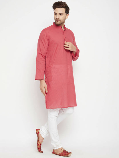 Even Apparels Rust Pure Cotton Long Men's Kurta With Band Collar