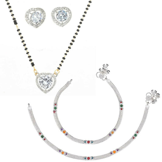 AanyaCentric Gold-Polished Mangalsutra Pendant Earring Set & Silver Plated Anklet