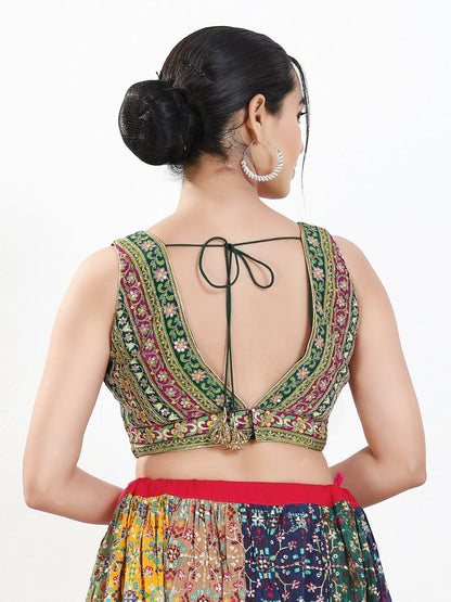 Joban Fashion Green Multi Georgette Padded Blouse With V Neck Sleeveless