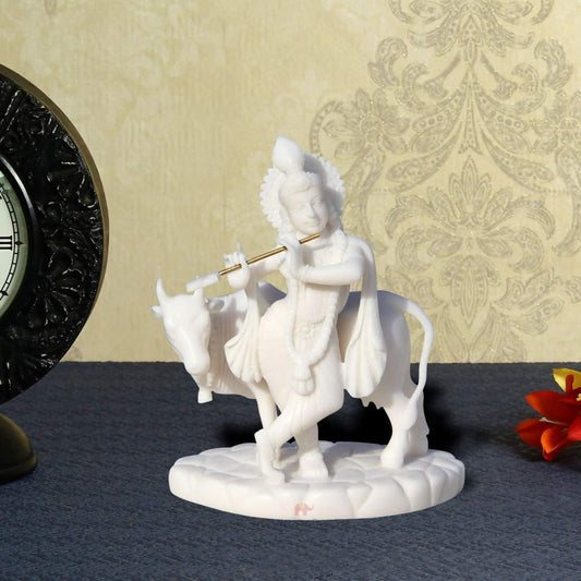 Handicrafts Paradise Carved In Resin Krishna with Cow