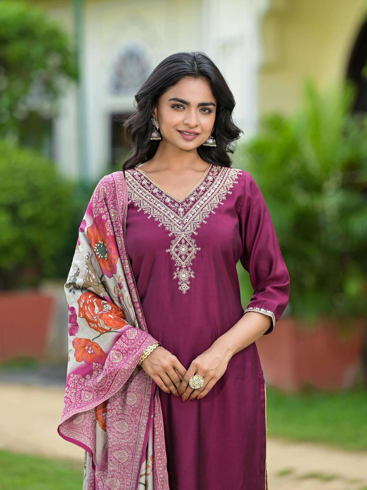 Juniper Women's Wine Solid Viscose Kurta Pant With Dupatta Set With Zari & Mirror Embroidery