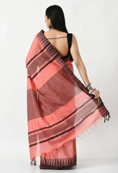 Mominos Fashion Moeza Gajari Pink Bhagalpuri Handloom Silk Black Temple Border Saree with unstitched Blouse piece