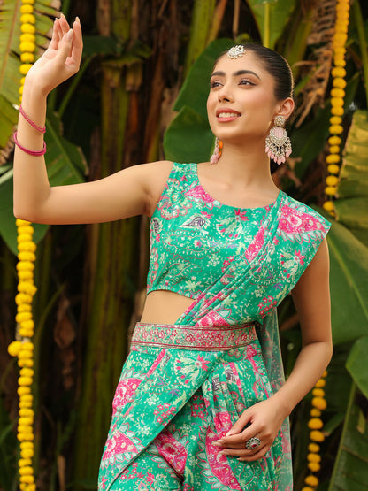 Janasya Green Georgette Floral Saree