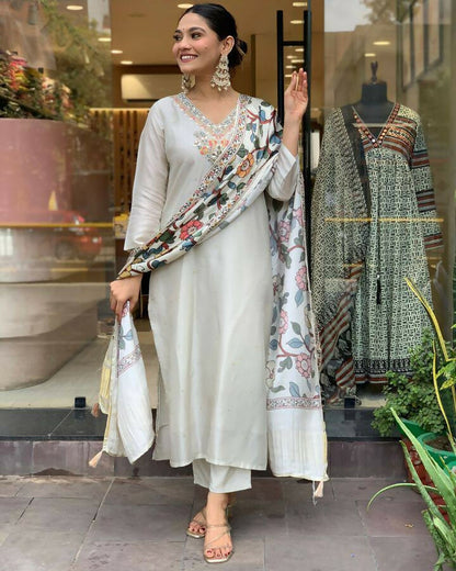 The52 Off White Women's Gorgeous Embroidered Viscose Chanderi Fabric Straight Kurta Pant with Dupatta Set