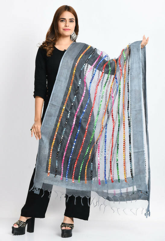 Mominos Fashion Moeza Women's Orgenza Multi Thread Mirror Work Grey Dupatta