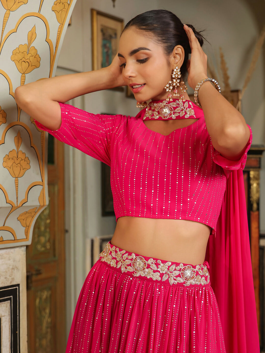 Janasya Pink Georgette Foil Print Lehenga Choli Dupatta