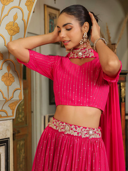 Janasya Pink Georgette Foil Print Lehenga Choli Dupatta
