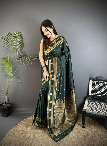 Joban Fashion Dark Green Banarasi Soft Silk Woven Saree