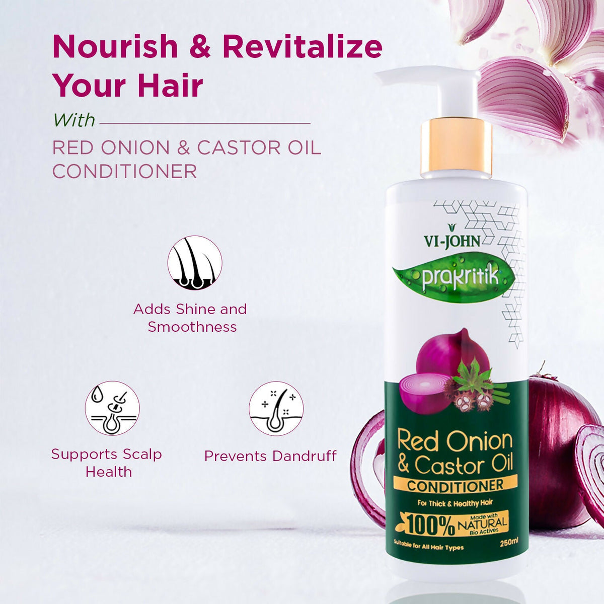 VI-JOHN Prakritik Red Onion & Castor Oil Conditioner to Prevent Dry Hair, 100% Natural Bio Actives