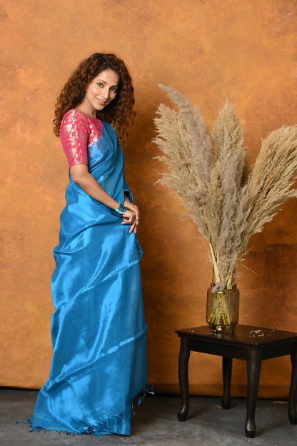Very Much Indian Fusion Cotton Tissue Shimmer Saree - Light Blue