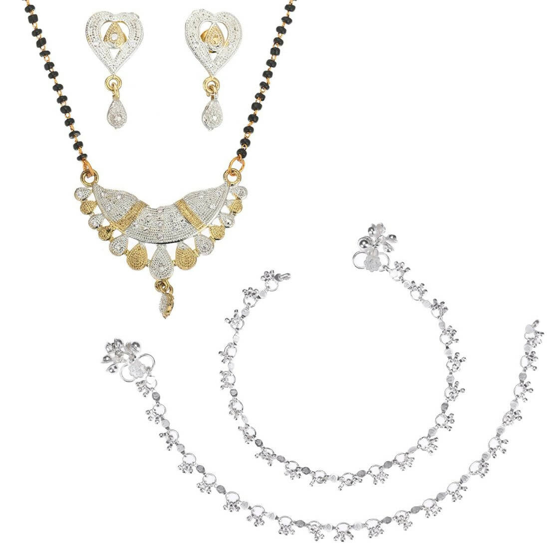 AanyaCentric Gold-Polished Mangalsutra Pendant Earring Set & Silver Plated Anklet