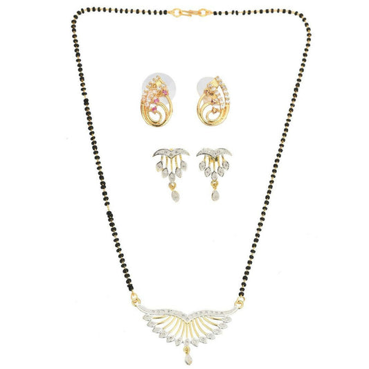 AanyaCentric Gold-Polished Mangalsutra with Pendant, 2 Pair Earrings