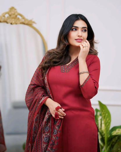 The52 Maroon Women's Gorgeous Parampara Fabric Embroidered Work Straight Kurta Pant and Dupatta Set