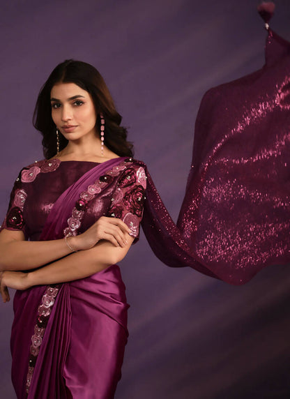 Purple Crepe Satin Silk Embroidered Saree With Stitched Blouse - Mohmanthan Exotica