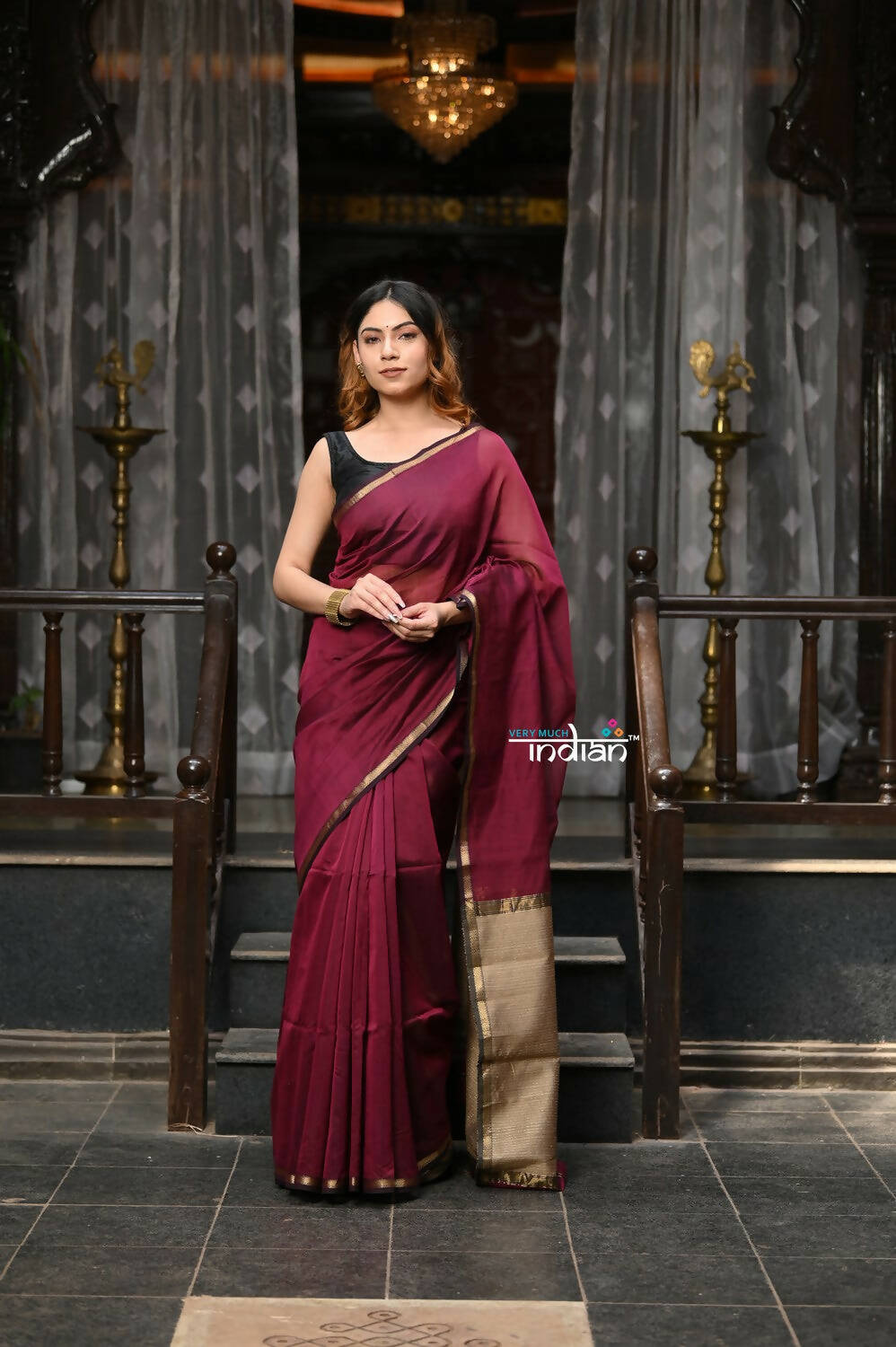 Very Much Indian VMI Exclusive Designer! Handloom Cotton Silk Saree With Sleek Golden Border - Maroon Shade