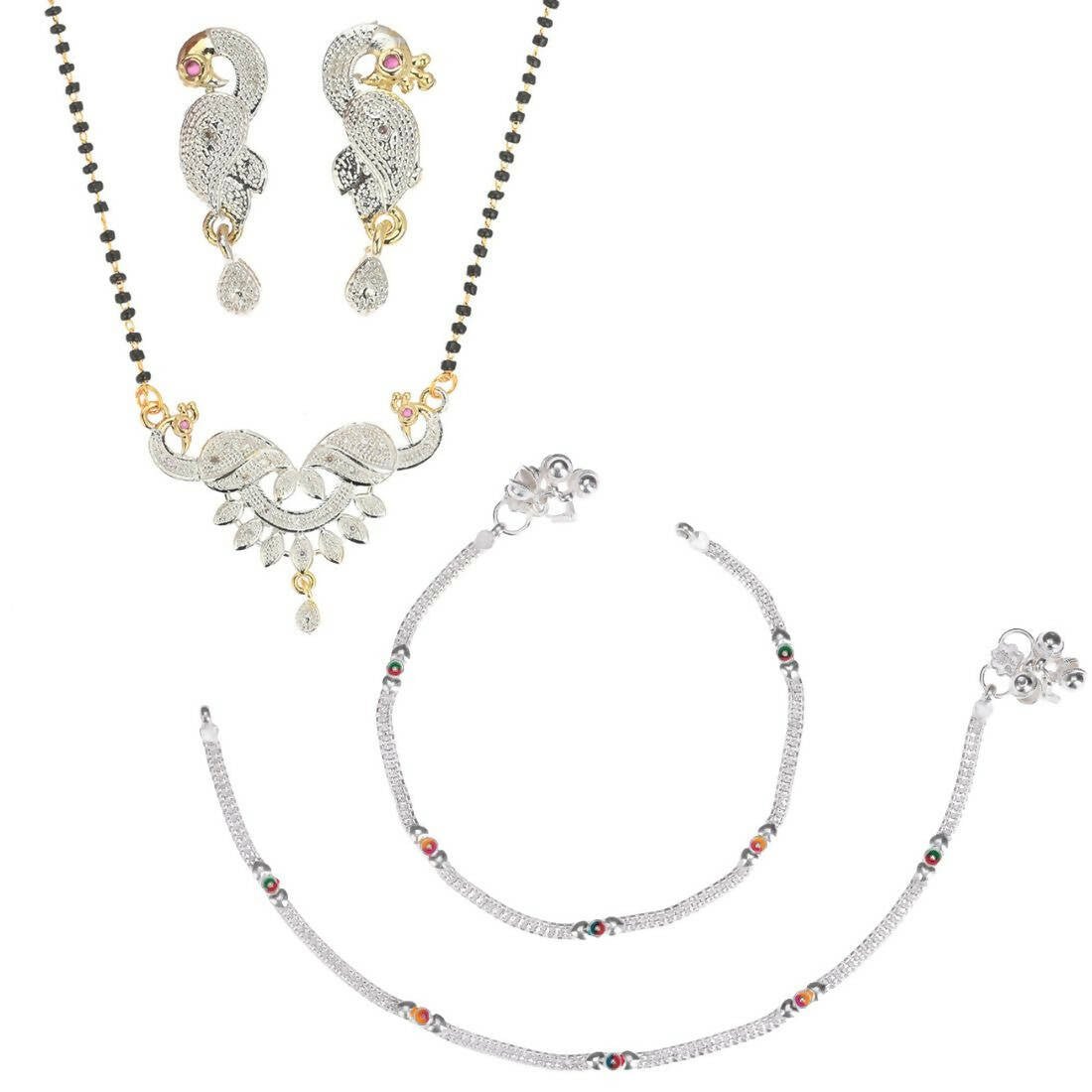 AanyaCentric Gold-Polished Mangalsutra Pendant Earring Set & Silver Plated Anklet