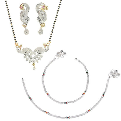 AanyaCentric Gold-Polished Mangalsutra Pendant Earring Set & Silver Plated Anklet