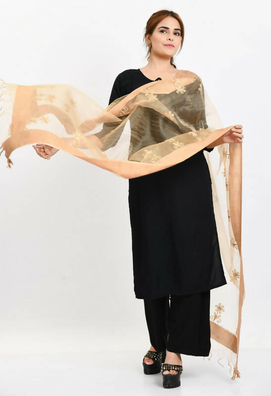 Mominos Fashion Moeza Women's Orgenza All Over Chikan Work Golden Dupatta