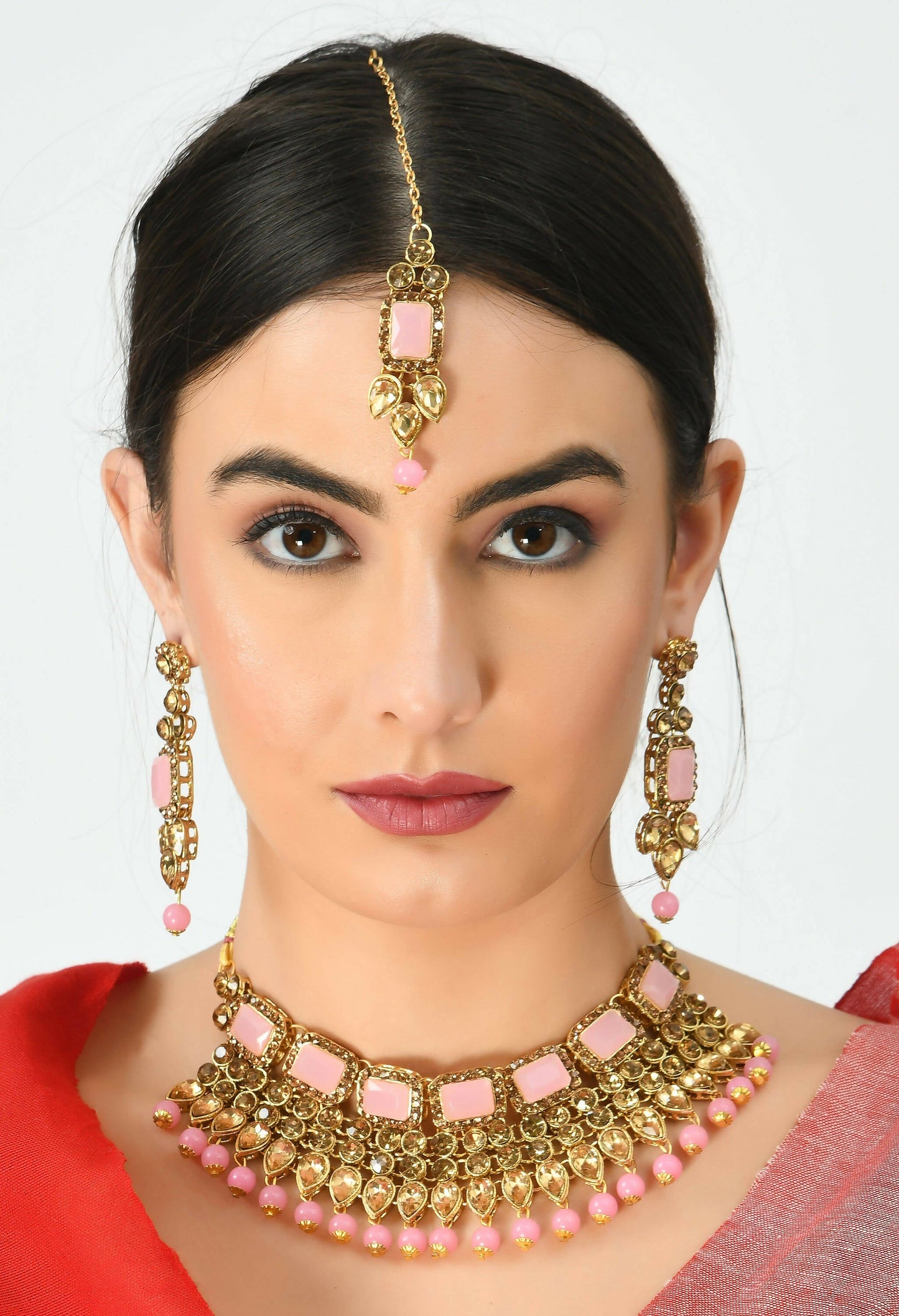 Mominos Fashion Johar Kamal Gold-Polished Brass Finish Kundan/Stone Choker For Women (Baby Pink)