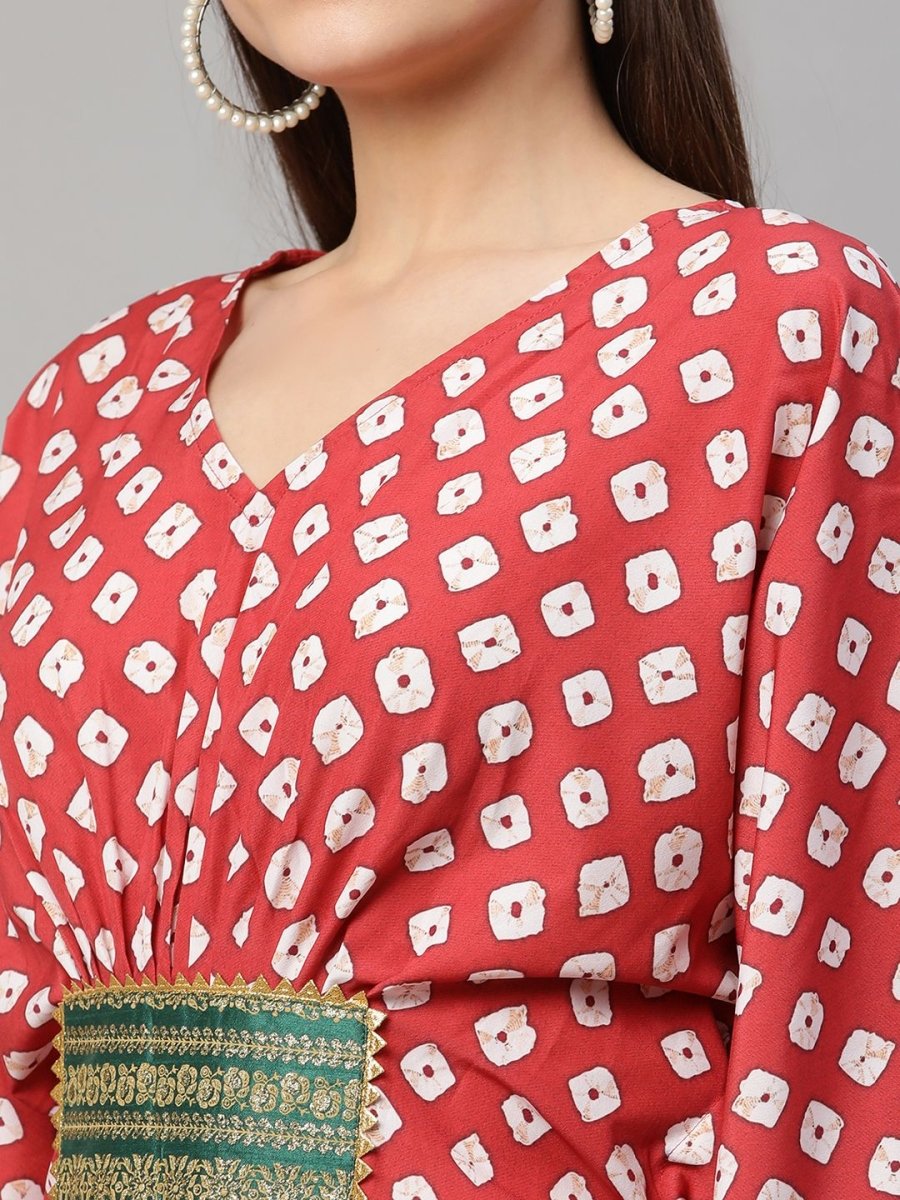 Ahalyaa Women Maroon Crepe Digital Printed Flared Sleeve Kaftan Kurta