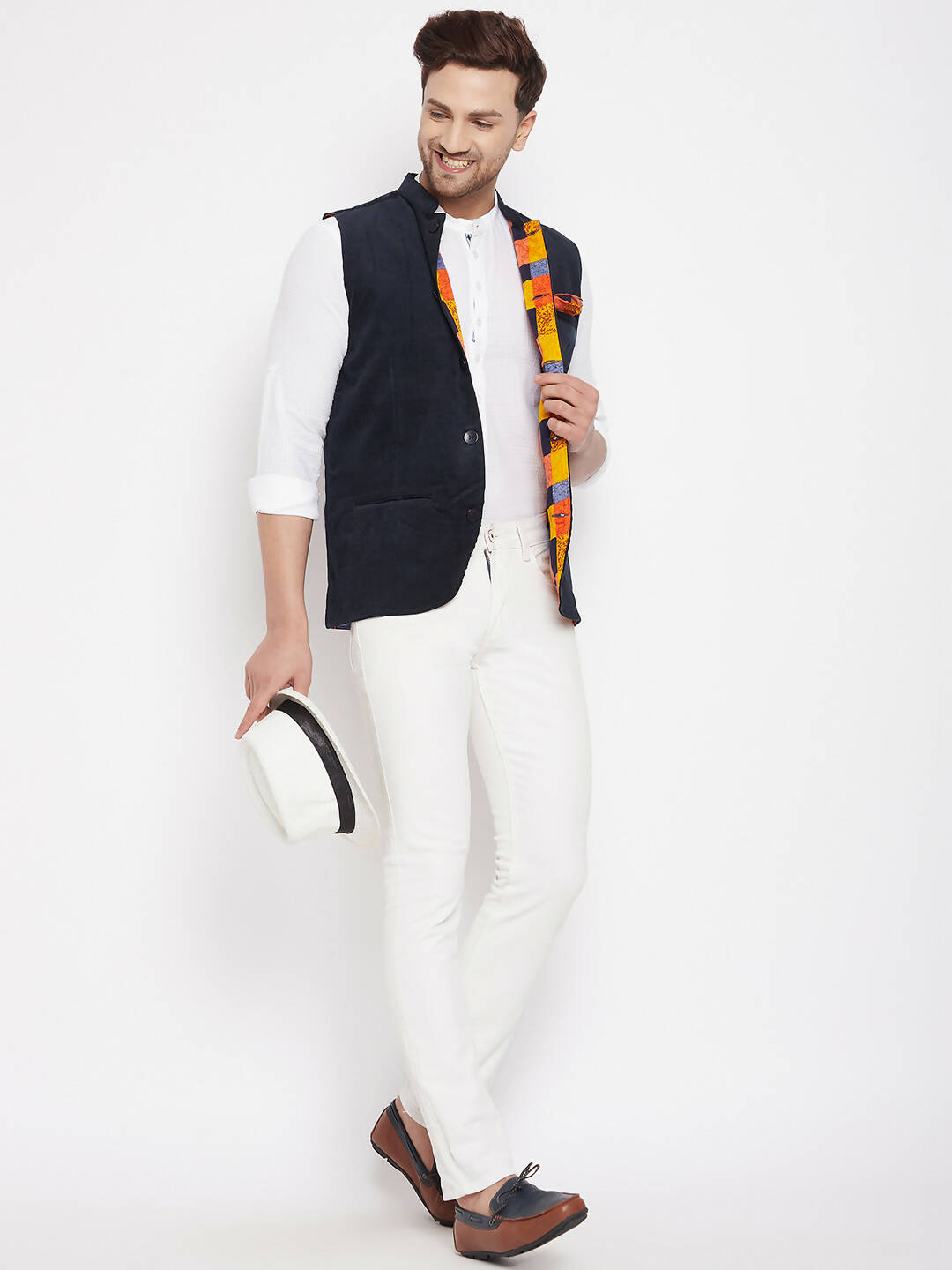 Even Apparels Navy Polyester Men's Nehru Jacket-Contrast Lining-Inbuilt Pocket Square