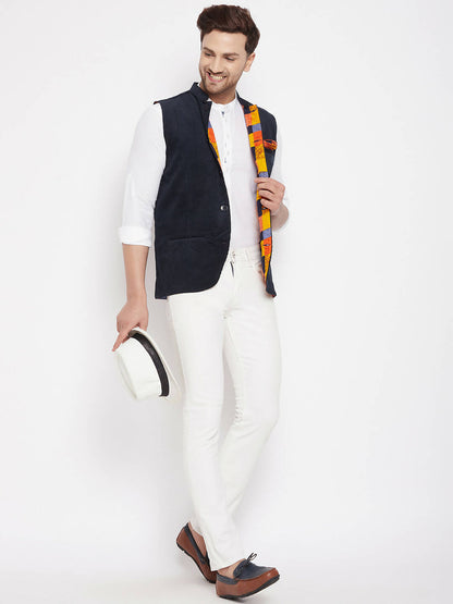 Even Apparels Navy Polyester Men's Nehru Jacket-Contrast Lining-Inbuilt Pocket Square