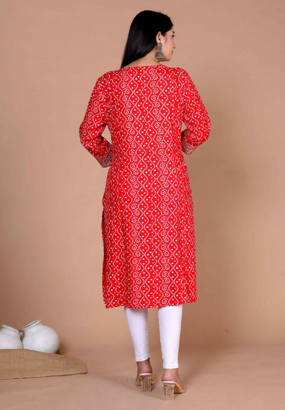 Miravan Women's Festive Wear Red Bandhani Printed Straight Kurta