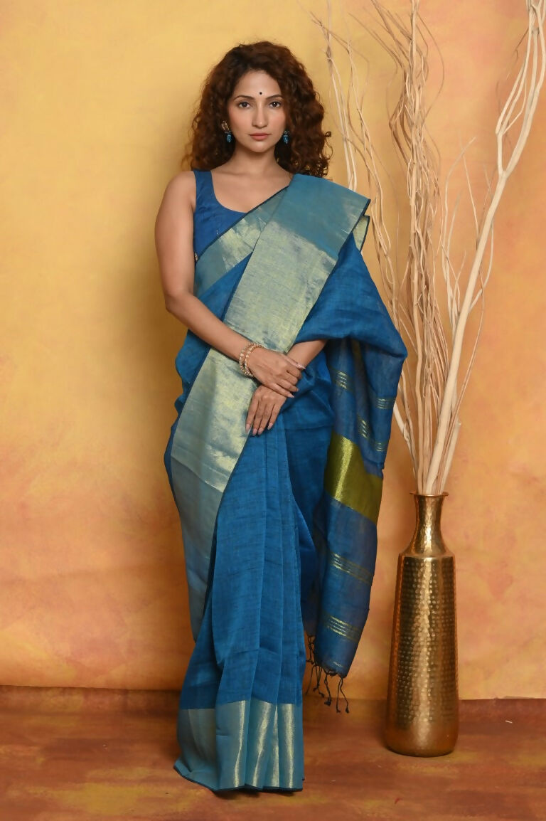 Very Much Indian Handloom Pure Cotton Linen Saree With Golden Border - Serene Blue
