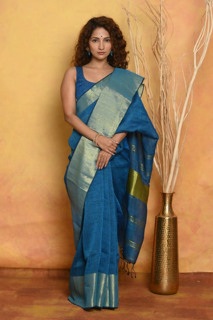 Very Much Indian Handloom Pure Cotton Linen Saree With Golden Border - Serene Blue