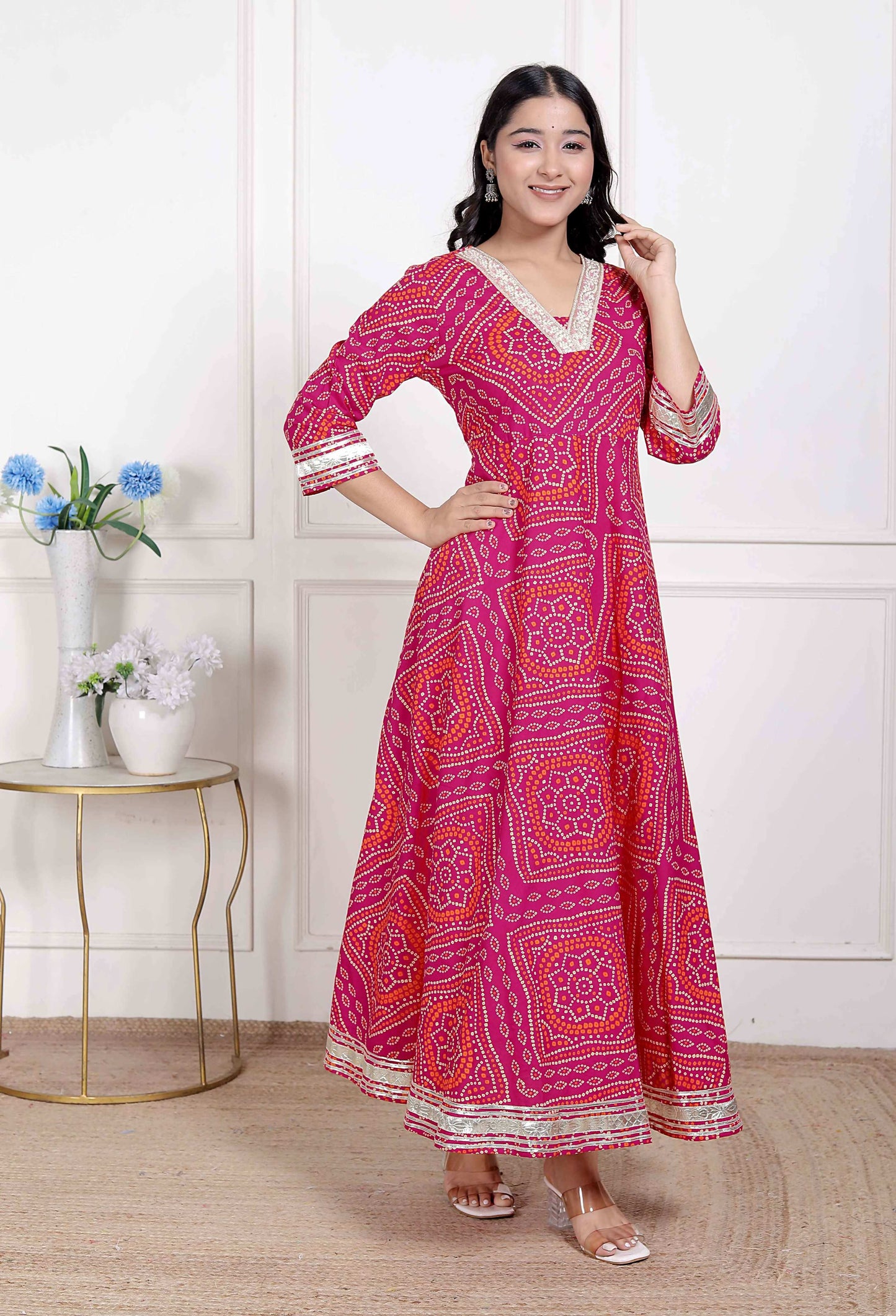 Miravan Women's Pink Cotton Bandhani Ethnic Anarkali Kurta