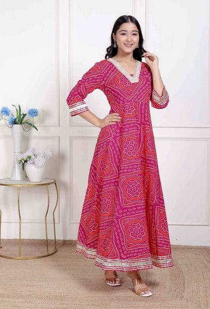 Miravan Women's Pink Cotton Bandhani Ethnic Anarkali Kurta