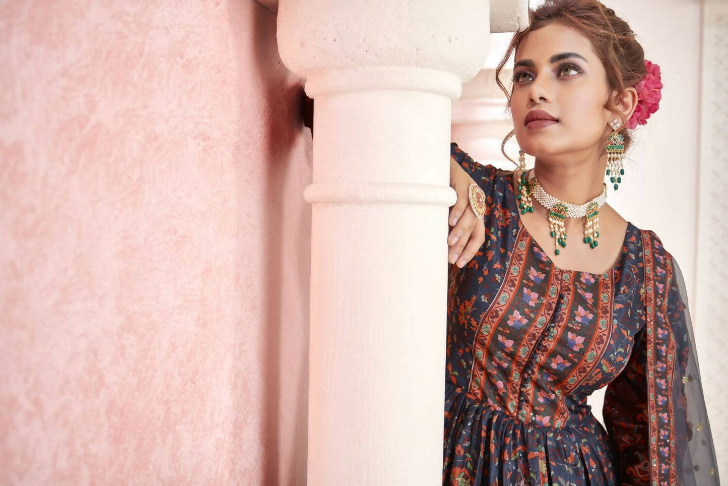 Everywhere Designer Navy Blue Dola Silk Gown With Dupatta - Anbazaar