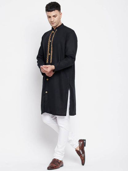 Even Apparels Black Linen Men's Sherwani Kurta With Decorative Placket