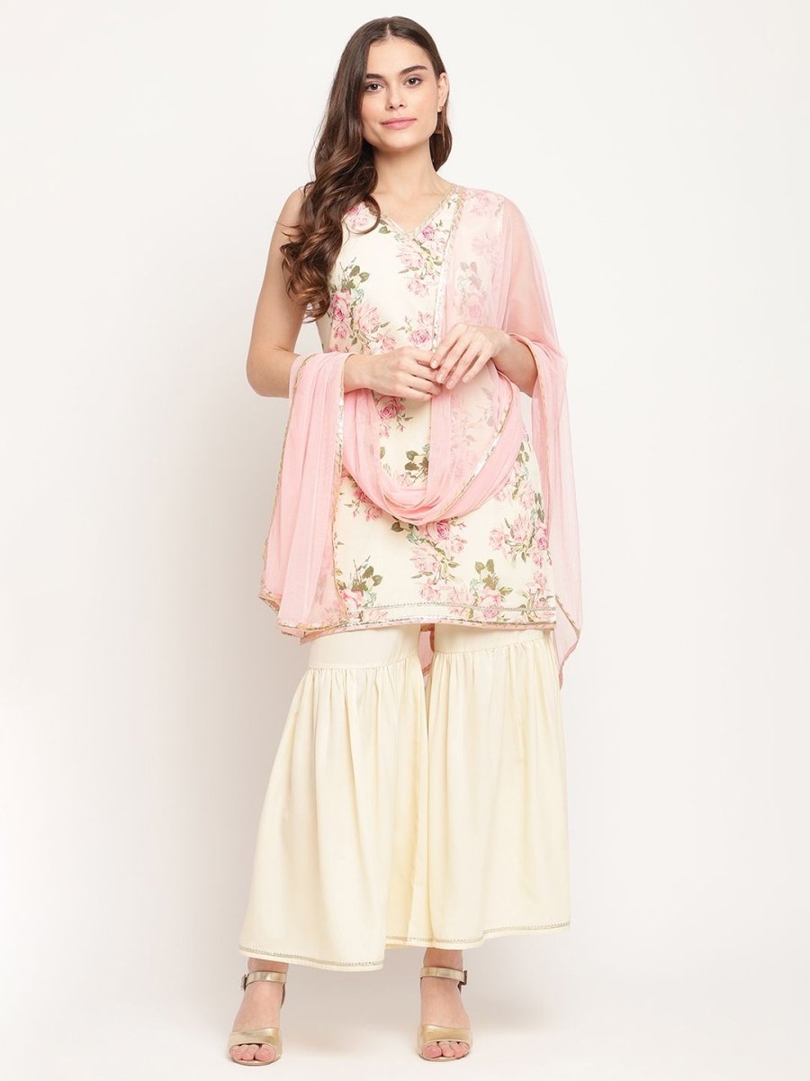 Ahalyaa Women's Beige Crepe Digital Floral Print Kurta Sharara Set with Dupatta